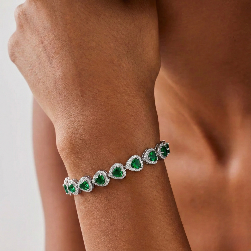 Green Heart Crystal Bracelet - White
