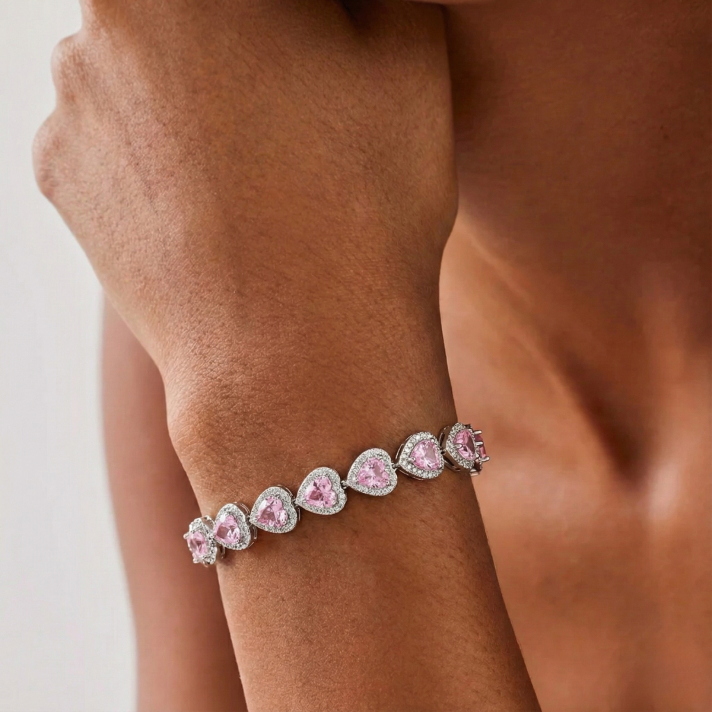 Pink Heart Crystal Bracelet - White